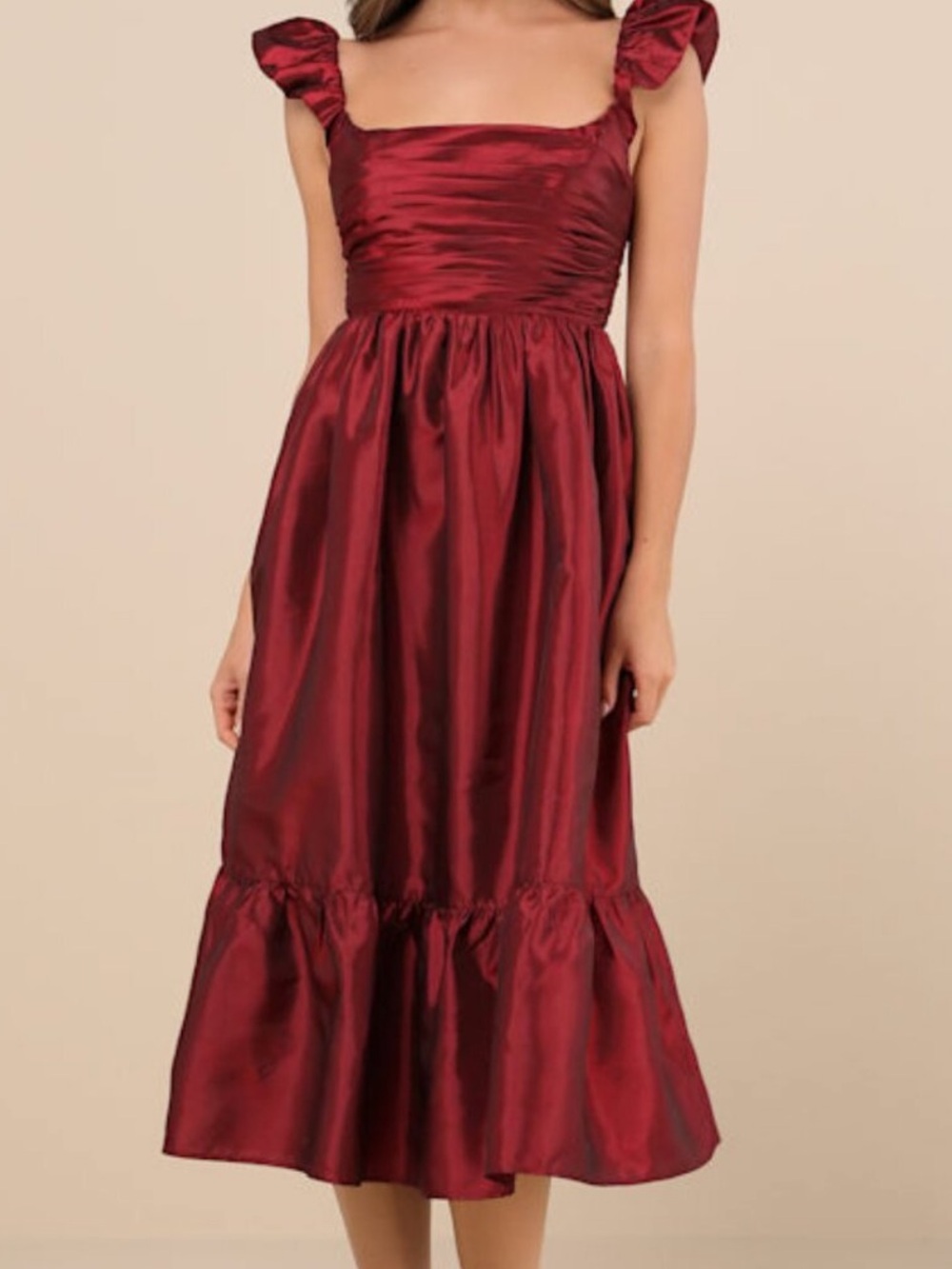 Lulus Poised Passion NWT size Small Wine Red Taffeta Pleated Ruffled Midi Dress